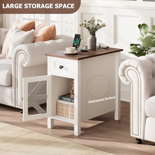 Farmhouse End Table with Charging Station, Narrow Side Tables with Storage | Modern Wooden Nightstand with Power Outlets&USB Ports,White Bedsid Table for Living Room,Bedroom,Metal Grille Door