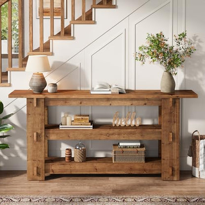 63-Inch Solid Wood Console Table, Farmhouse Sofa Table Behind Couch with Storage Shelves, Entryway Furniture for Living Room, Hallway, Foyer, Rustic Brown