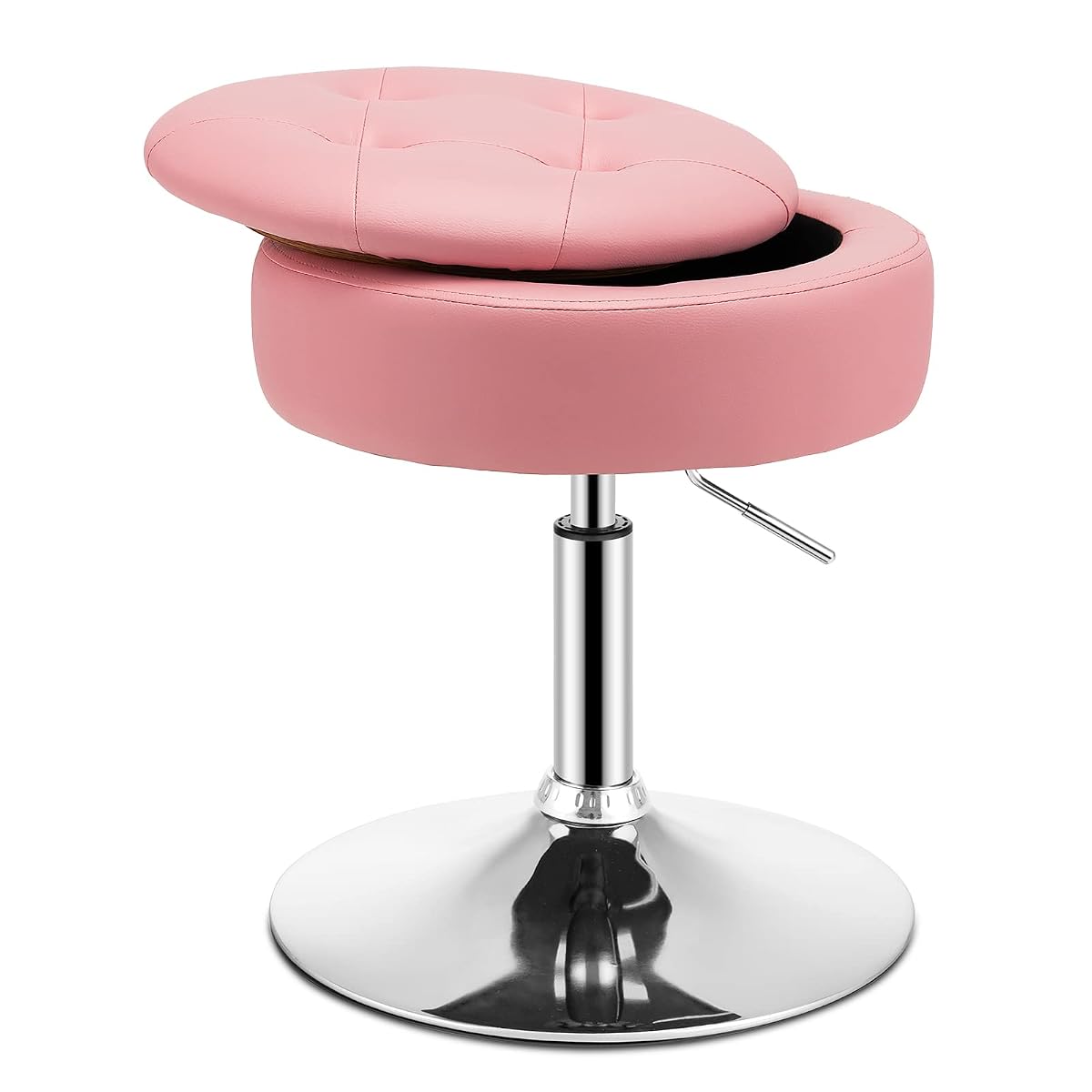 Vanity Stool with Storage, 360° Swivel PU Leather Vanity Chair, 20” to 26” Height Adjustable Makeup Stool with Flipped Lid, Modern Round Storage Ottoman for Living Room Bedroom, Pink