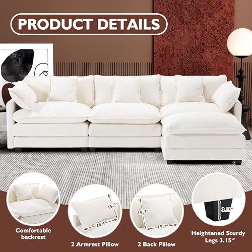 111.4" L Shaped Modern Sofa Modular Sectional Cloud Couch with Ottoman, 4-Seat Chenille Deep Seat Sofa with Pillow for Living Room, Bedroom and Apartment, Beige