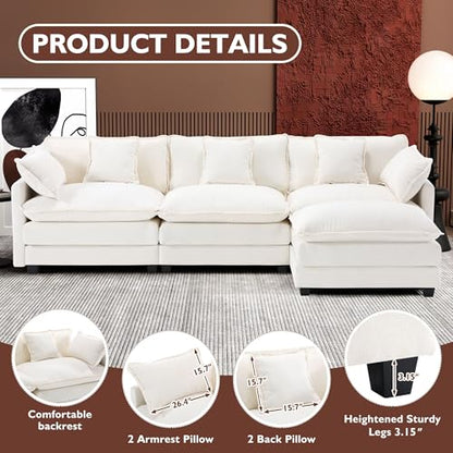 111.4" L Shaped Modern Sofa Modular Sectional Cloud Couch with Ottoman, 4-Seat Chenille Deep Seat Sofa with Pillow for Living Room, Bedroom and Apartment, Beige