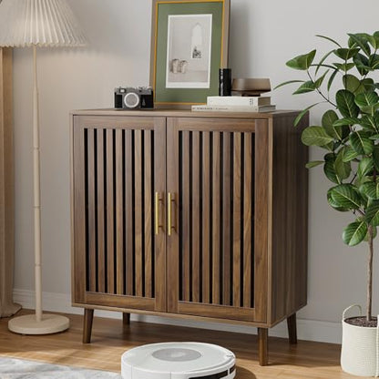 Buffet Cabinet with Storage Walnut Sideboard with Grille Doors&Adjustable Shelf, Wood Coffee Bar Storage Cabinet for Kitchen Living Room Entryway (31.5 Inch)