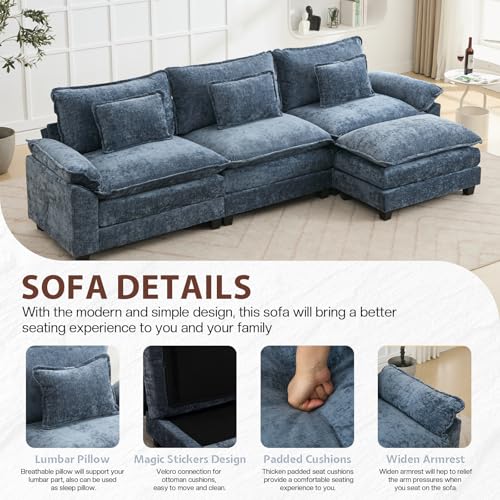 Modular Sectional Sofa, Cloud Couch with Ottoman, Deep Seat L Shaped Chenille Sofa Couches for Living Room Apartment (Blue, L Shaped-3 Seat & Ottoman)