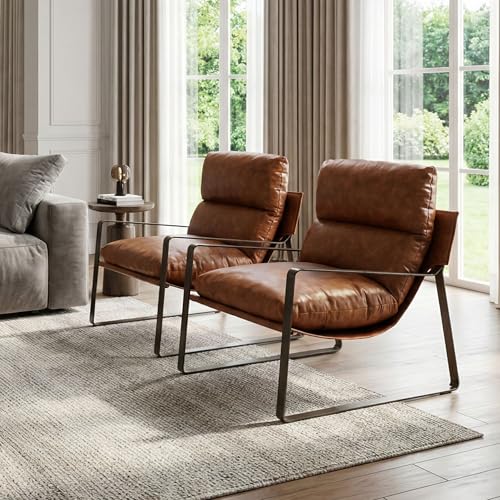 Modern PU Leather Accent Armchair, Upholstered Lounge Chair with Brass Metal Frame Thickened Cushion Comfy Leisure Chair with Lychee Grain for Bedroom Living Room, Brown