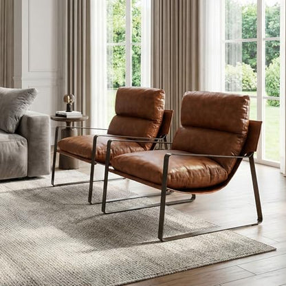Modern PU Leather Accent Armchair, Upholstered Lounge Chair with Brass Metal Frame Thickened Cushion Comfy Leisure Chair with Lychee Grain for Bedroom Living Room, Brown