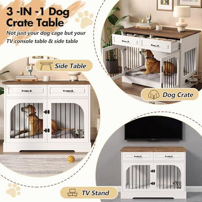 43.3" Farmhouse Dog Crate Furniture with Rotating Bowls & Drawers – Wooden, view 7