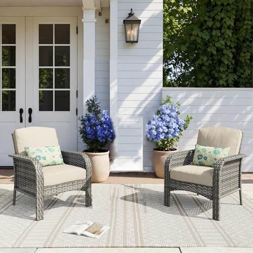 Patio Furniture Set,2 Pieces Outdoor Wicker Chairs Set,All Weather Deck Bistro Chairs with Comfy High Back,Beige
