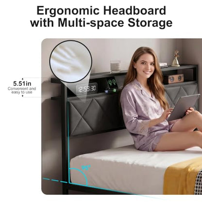 Queen Bed Frame with LED Lights, Charging Station & 2 Storage Drawers, view 4