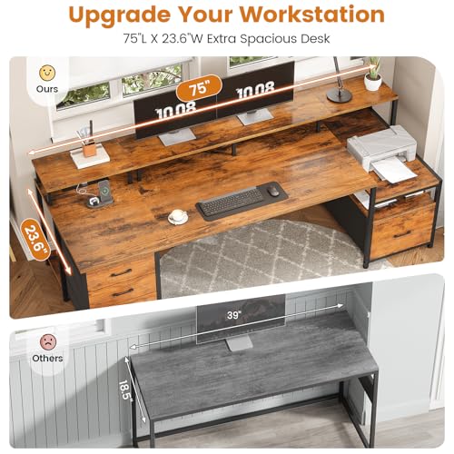 Home Office Desk with File Drawer & Power Outlet, 75'' Large Computer Desk with 5 Drawer, Storage Shelves, Monitor Shelf and Led Lights, 23.6" W Desktop Gaming Desk, Rustic Brown