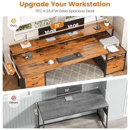 Home Office Desk with File Drawer & Power Outlet, 75'' Large Computer Desk with 5 Drawer, Storage Shelves, Monitor Shelf and Led Lights, 23.6" W Desktop Gaming Desk, Rustic Brown