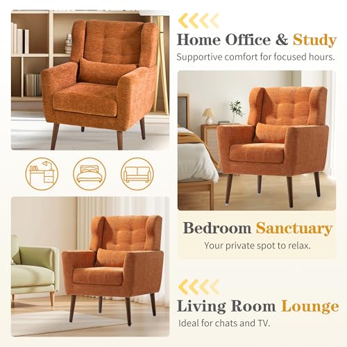 Modern Accent Chair, Upholstered Armchair with Pillow, Fabric Single Sofa Chair with Lounge Seat and Wood Legs Accent Chair for Living Room Bedroom Small Spaces (Orange, Set of 1)