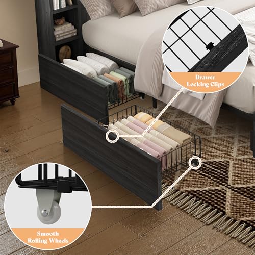 45'' Farmhouse King Bed Frame with Headboard & Storage, Black, view 6