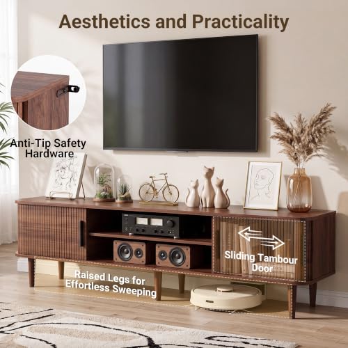 70" TV Stand with Rolling Doors and Storage, Mid-Century, Walnut, view 5
