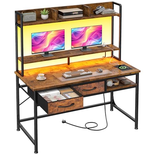 39.4" Office Desk with Hutch&Drawers,Monitor Stand, LED Lights, view 2