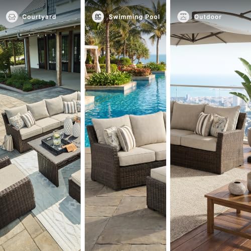 Signature Design by Ashley Brook Ranch Outdoor Sectional, All‑Weather Resin Wicker Patio Furniture With High‑Performance Cushions, Durable Aluminum Frame, Neutral