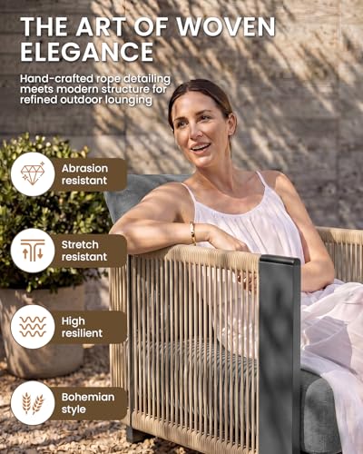 Luxury Patio Furniture Set, 4-Piece Curved Outdoor Furnitrue Set with Weather-Resistant Aluminum Frame and 7.1" Thicker Cushion, Woven Rope Patio Conversation Set for Deck, Garden