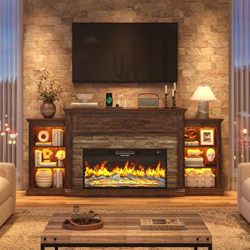 Farmhouse Fireplace with Mantel, 85" W 37.6" H TV Stand for 95" TV, Brown, view 3