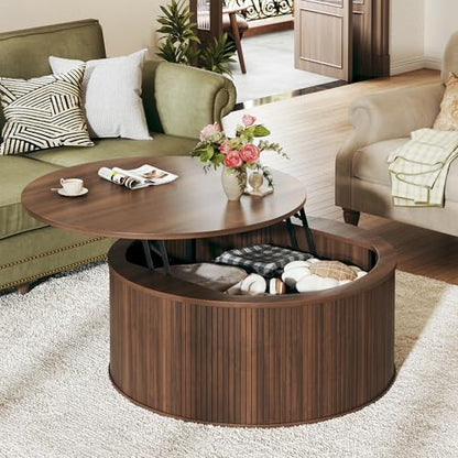 Round Coffee Table with Storage, 31.5" Lift Top Coffee Table, Mid Century Modern Coffee Tables for Living Room, Apartment Office, Fluted Table with Rustic Wood Desktop, Walnut