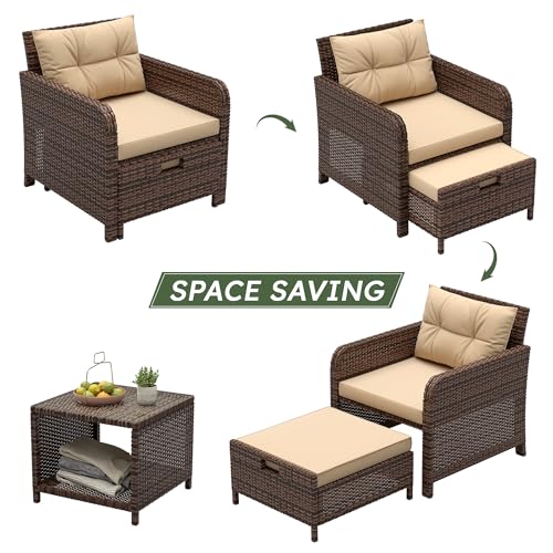 Balcony Furniture Set 5 Piece Patio Conversation Set, PE Wicker Outside Furniture with Soft Cushions & Coffee Table, Outdoor Lounge Chairs with Ottoman for Porch, Lawn, Balcony, Coffee-Beige