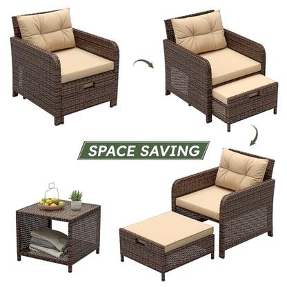 Balcony Furniture Set 5 Piece Patio Conversation Set, PE Wicker Outside Furniture with Soft Cushions & Coffee Table, Outdoor Lounge Chairs with Ottoman for Porch, Lawn, Balcony, Coffee-Beige