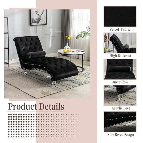 63" Retro Velvet Chaise Lounge Indoor with High Backrest, view 5