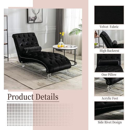 63" Retro Velvet Chaise Lounge Indoor with High Backrest, view 5