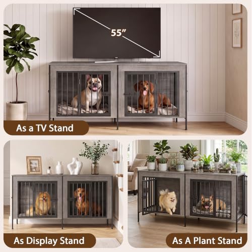 55" Wooden Double Dog Crate Furniture, Removable Divider, Oak Grey, view 8
