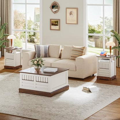 3-Piece Farmhouse Coffee Table Set Includes 31.5’’ Lift-Top Coffee Table with Hidden Storage Compartment & 2 End Tables with Charging Station, Rustic Furniture Set with Rivet Barn Door for Living Room
