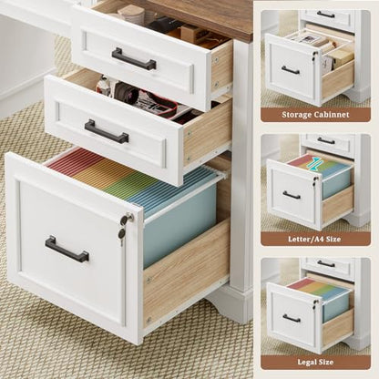 60'' Farmhouse Executive Desk with Drawers, Home Office Desk with Power Outlet & LED Light, Wood Computer Desk with Monitor Stand, Locking File Drawer, Glass Storage Cabinet, Hooks, White