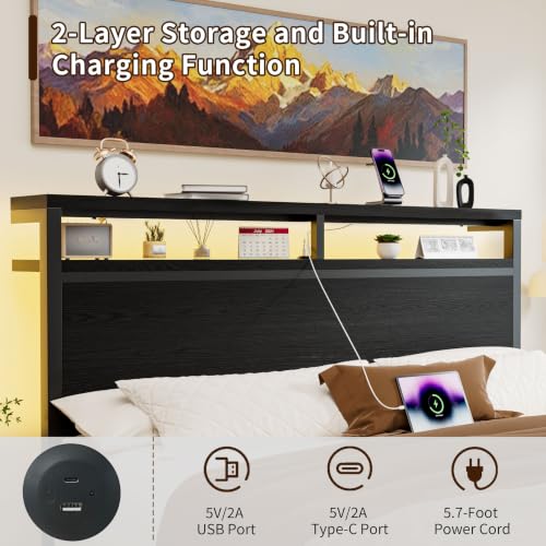 King Bed Frame with 4 Storage Drawers, Charging Station and LED Lights, view 6