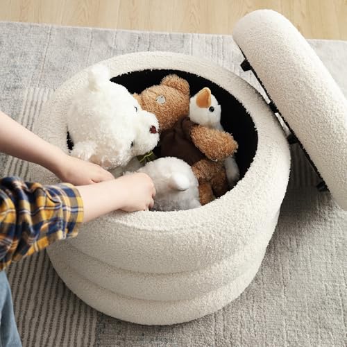 20" Round Storage Ottoman with Removable Lid, Off-White Boucle Fabric Footrest Pouf, Sherpa Tufted Small Coffee Table Vanity Ottoman Foot Stools for Living Room Couch, Bedroom, Dorm, Nursery