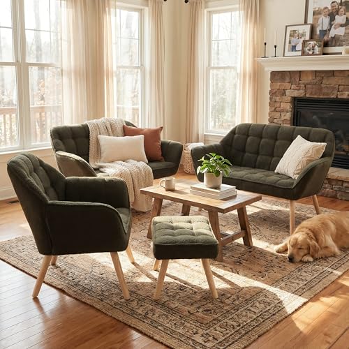Green Sherpa Accent Chair with Ottoman ，Modern Reading Chairs with Ottoman Set, Comfy Fuzzy Armchair Living Room Chair Lounge Chair with Wood Legs for Small Spaces Bedroom Apartment