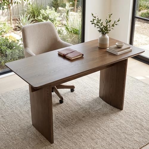 55" Modern Minimalist Desk Spacious Home Office Desk with Sturdy Two-Pedestal Design Natural Walnut Finish for Work, Study & Gaming