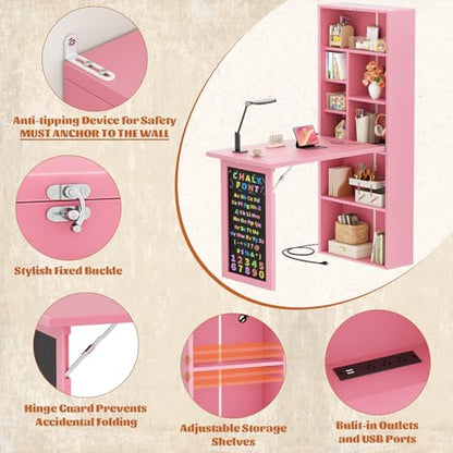 Small Folding Desk with Outlets, Convertible Writing Desk for Small Spaces/Home Office/Craft Room, Multi-Function Desk Workstation with Blackboard, Fold-Out Cabinet Table, Pink