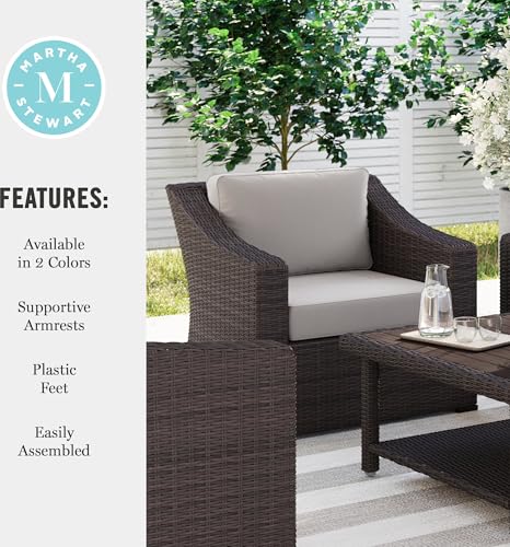 Bedford Indoor-Outdoor Patio Accent Chair with Rattan Wicker Finish in Brown with Tan All-Weather Cushions