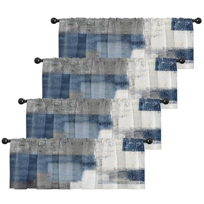 4 Pack Valances Window Treatments, Blue and Grey Abstract Modern Art Blackout Drapes Adjustable Curtain for Windows Living Room Kitchen Over Sink, 52x18 Inch Rod Pocket Valances