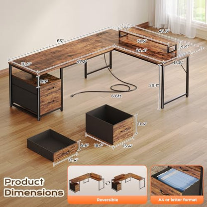 63 Inch L Shaped Desk with Power Outlets and USB-C Port, view 3