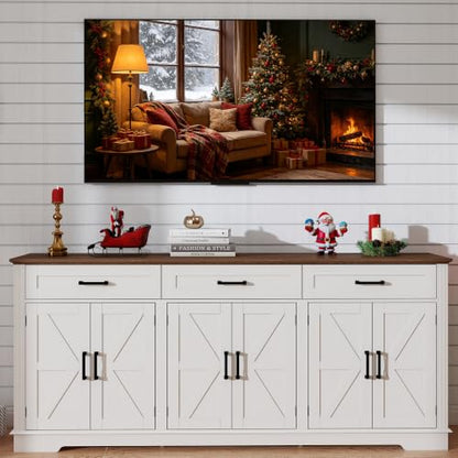 70" Farmhouse Buffet Cabinet with Storage 3 Drawers & 6 Barn Doors, White, view 6
