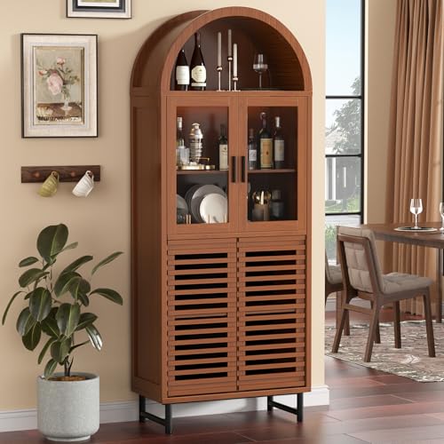 Kitchen Pantry Cabinet with Glass Doors - Arched Design, Metal U Legs, Artistic Slatted Door, Adjustable Shelves, 78.4" Curved Storage Cabinet for Kitchen, Dining Room