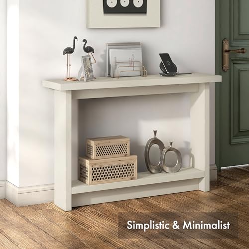Elvis 32 inch Modern Wooden Console Table with Charging Station, USB Ports and Shelf, Behind Couch Furniture for Living Room, Entryway, Foyer, Hallway, Office, Soft White