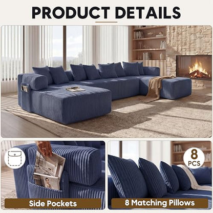Oversized Cloud Boneless Couch with Chaise, 146" Modern U Shape Modular Deep Seat Sectional Sofa, Comfy Corduroy Upholstered Couches for Living Room, No Assembly Required-Blue