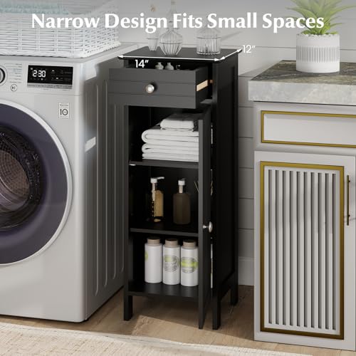 Bathroom Floor Cabinet, Free-Standing Single Door Storage Cabinet with Drawer & 2 Adjustable Shelves, Wooden 14”L Narrow Side Storage Organizer for Small Spaces, Living Room, Kitchen (Black)