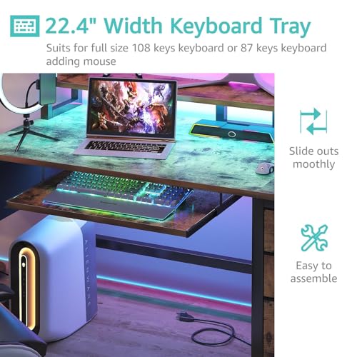 Gaming Desk with LED Lights and Power Outlets, 47 Inch Home Office Desks with Keyboard Tray, Computer Desk with File Drawers Cabinet, Writing Table PC Desks with Monitor Stand, Rustic Brown