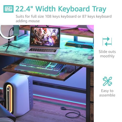 Gaming Desk with LED Lights and Power Outlets, 47 Inch Home Office Desks with Keyboard Tray, Computer Desk with File Drawers Cabinet, Writing Table PC Desks with Monitor Stand, Rustic Brown