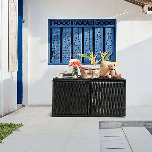 Deck Box Outdoor Wicker Storage Box Cabinet, 88 Gallon Patio Rattan Storage Container Bin Box for Furniture Tools in Garden Balcony Porch Yard