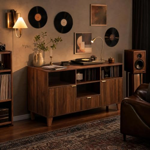 Large Round Record Player Stand with Vinyl Record Storage & Charging Station, view 6