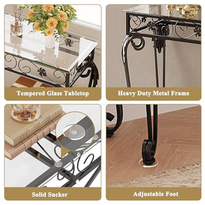 Console Table 47.2", Tempered Glass Sofa Tables, Vintage Entryway Table with Metal Frame, Console Tables for Living Room, Entrance, Foyer, Adjustable Feet (Black)
