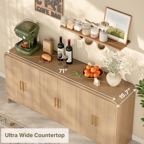 71Inch Modern Sideboard Buffet Cabinet with Large Storage, 6 Doors, Oak, view 5