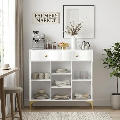 Sideboard Buffet Cabinet with Adjustable Shelves, Modern Storage Cabinet with Drawers and Doors, White Kitchen Buffet for Dining Room, Living Room, Entryway, 39.4 Inch