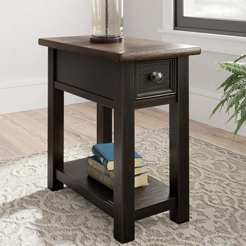 Signature Design by Ashley Narrow Side Table with Charging Station, Tyler Creek Chairside End Table, Wood, Smooth-Gliding Storage Drawer, Living Room Furniture, Grayish Brown/Black